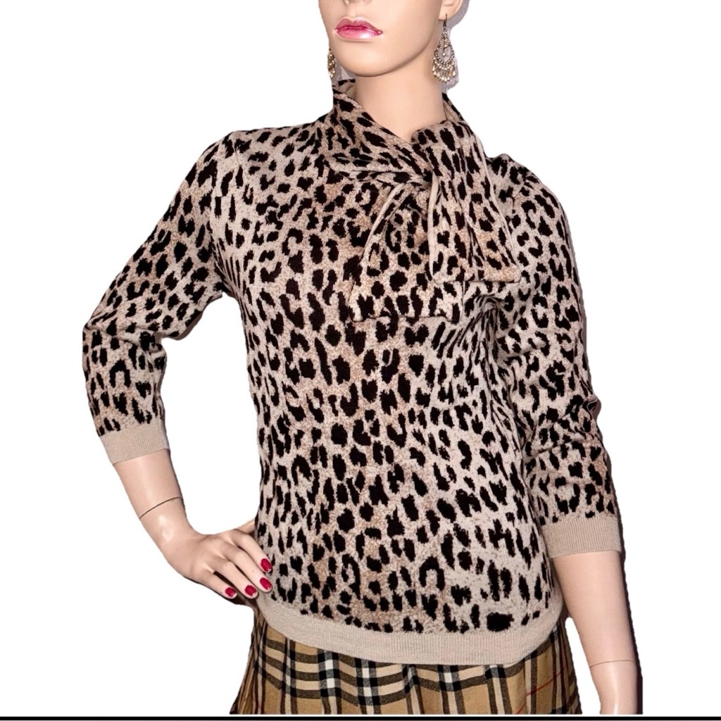 Carlisle Leopard Animal Print Bow Wool Cashmere Sweater 3/4 Sleeve L